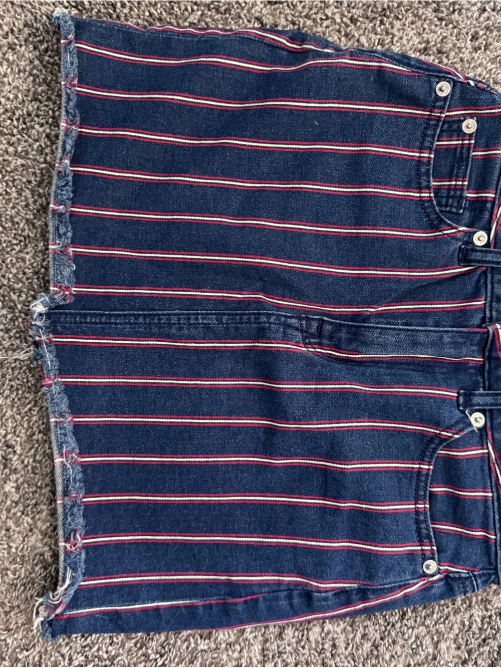 American Eagle Outfitters Navy Blue Denim Mini Skirt with Red and White Stripes